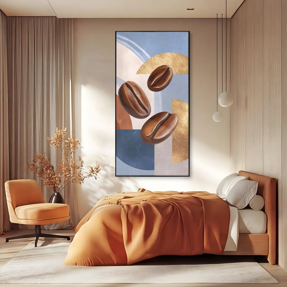 Tablou canvas cu tablou canvas cu boabe de cafea, in rama de aluminiu negru, pe perete intr-un dormitor